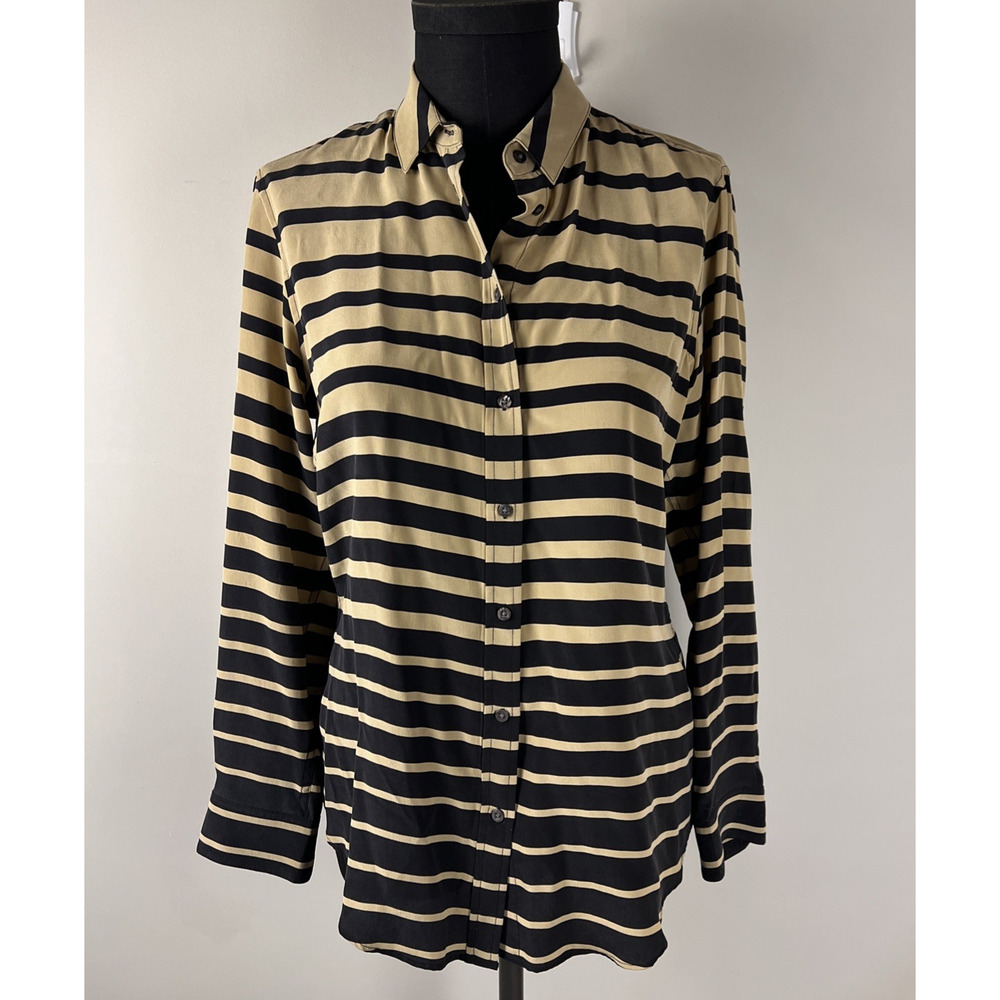 J McLaughlin Shirt Womens Medium‎ Long Sleeve Black Tan Stripe Silk Button Front